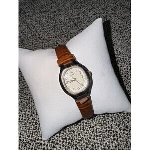 Timex Womens Gold & Silver Tone Brown Leather Bands Analog Quartz Watch 19mm